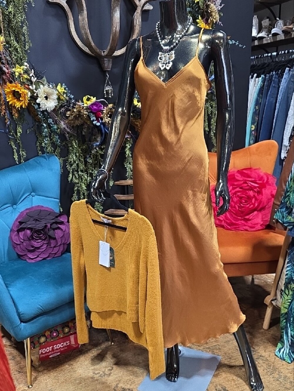 Chelsea & Violet Mustard Satin Dress w/ Removeable Sweater Overlay